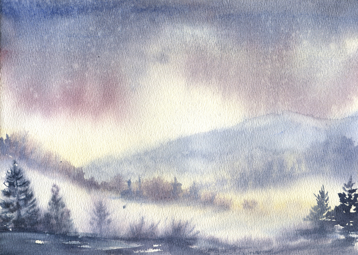 Watercolor winter forest, flying birds, snow, mountains